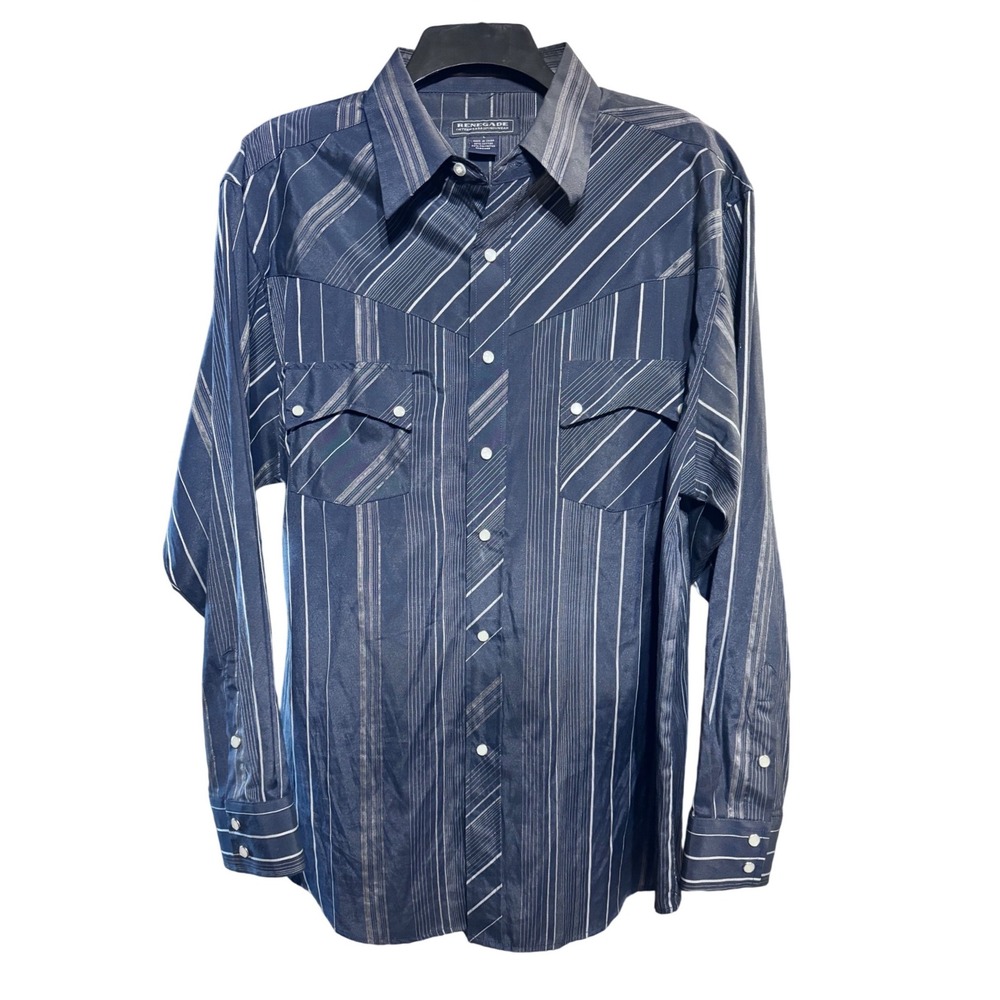 Renegade Western Shirt Mens L Pearl Snap Striped Navy Blue Cowboy Southwestern